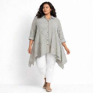 Soft Surroundings Womens Grey Asymmetric Stripe Hem Tunic XL‎ Lagenlook Coastal